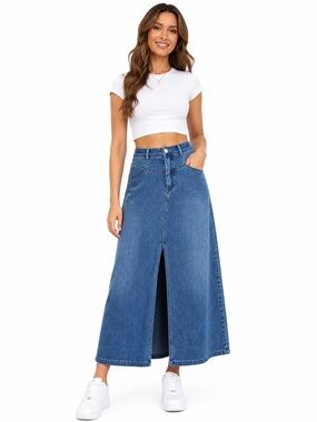 HALARA Blue Denim Maxi Skirt with Front Slit size MED NWT MSRP $65